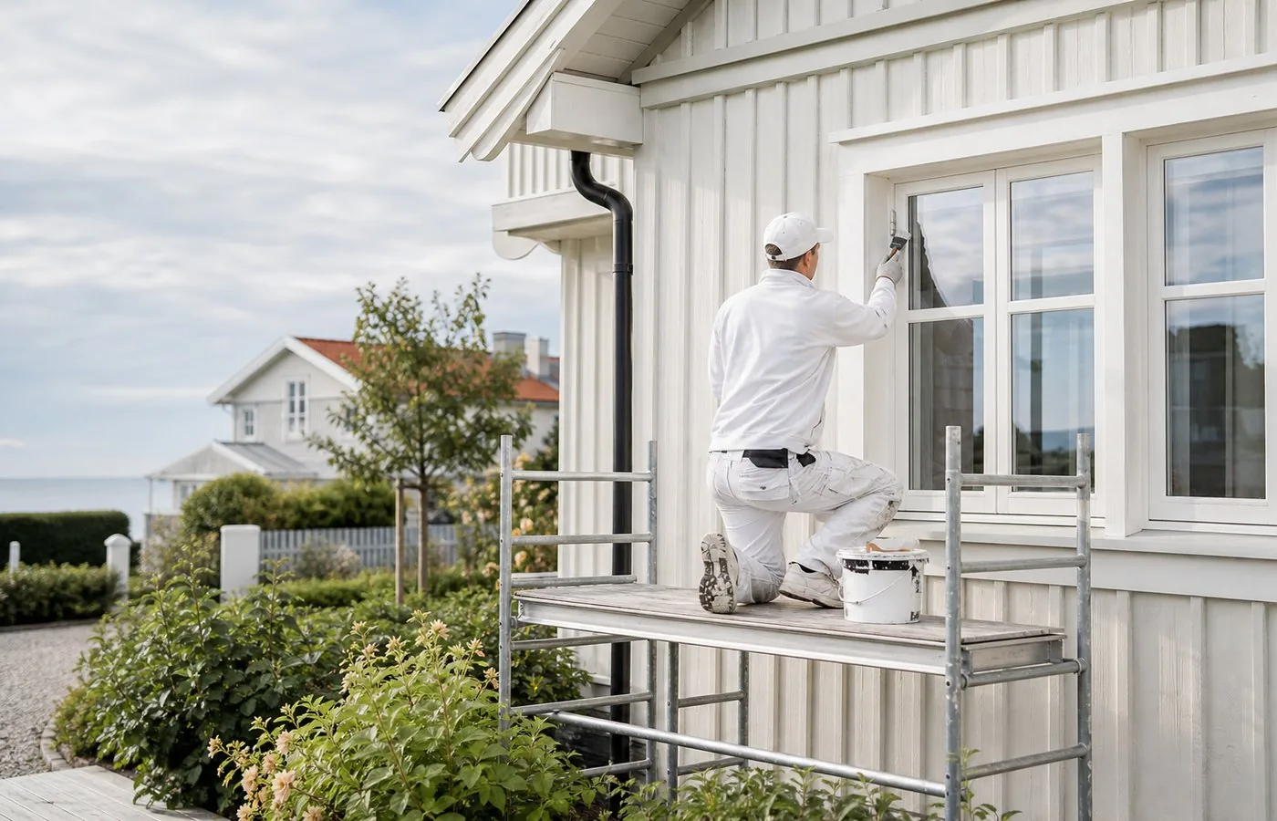 Målare arbetar med fasad- och fönstermålning vid hus